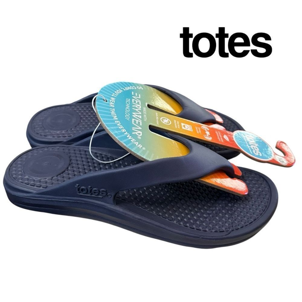 New Totes Everywhere Men's Navy Slide Flip Flop Thong Sandals 10